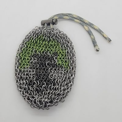 Chainmaille dice bag in stainless steel with tree inlay