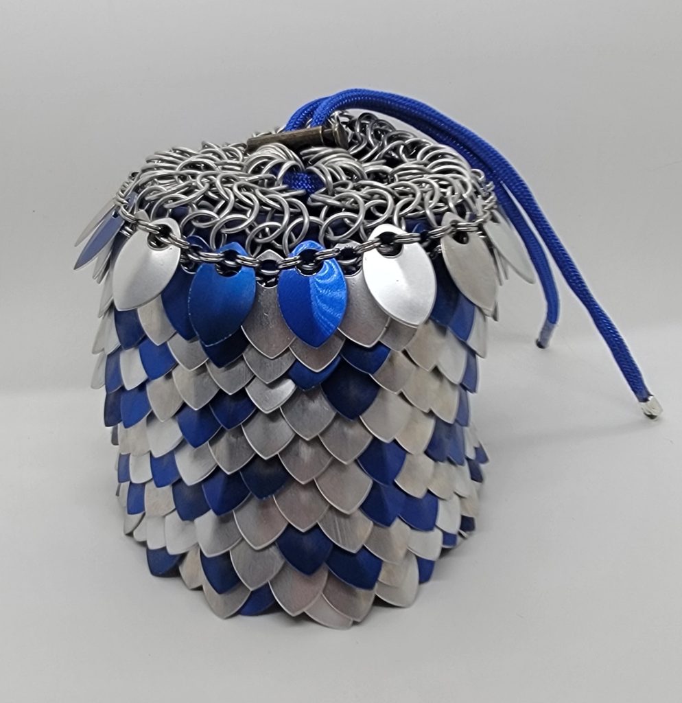 Blue and silver anodized aluminum scale maille dice bag