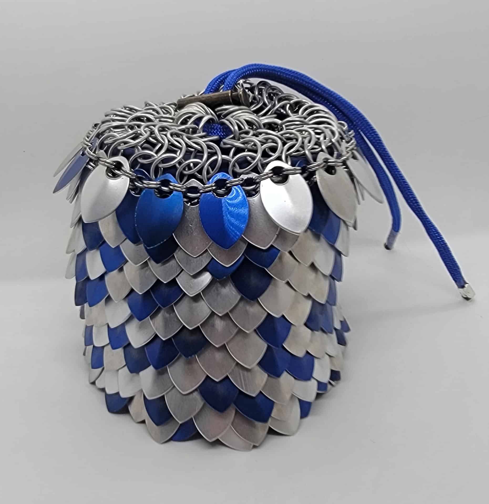 Scale maille dice bag with blue inner liner and white/blue/silver scales