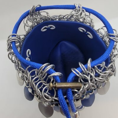 Scale maille dice bag with blue inner liner and white/blue/silver scales