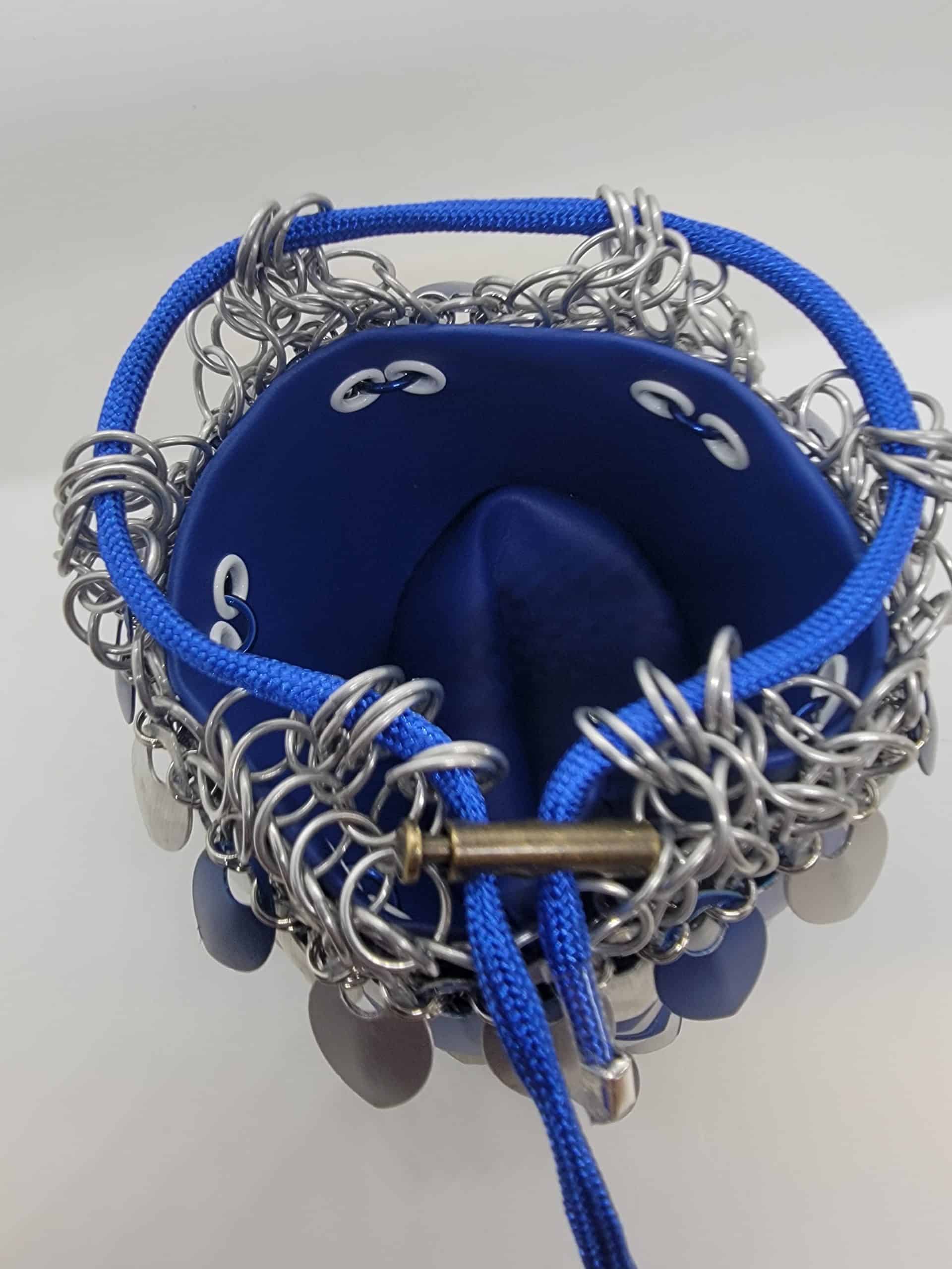 Scale maille dice bag with blue inner liner and white/blue/silver scales