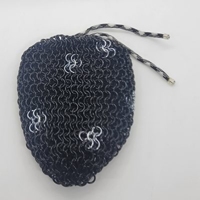 Chainmaille dice bag in black with silver/black ice bright spots