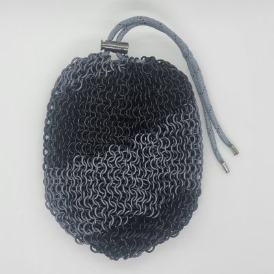 Chainmaille dice bag in black and grey in a wide spiral pattern