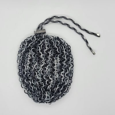 Chainmaille dice bag in black, grey and white rings