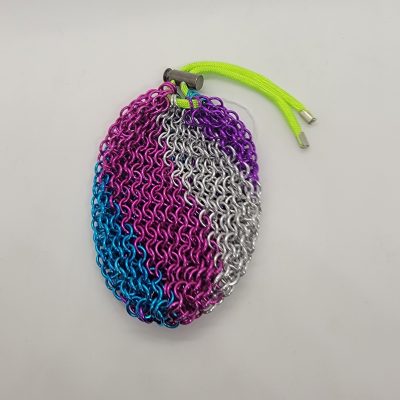 Chainmaille dice bag in ultraviolet colors with neon green draw string