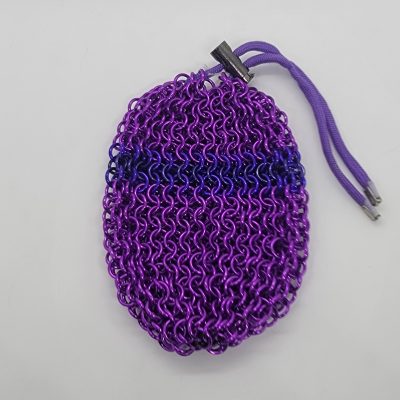 Chainmaille dice bag in ultraviolet purple with royal purple horizontal accent