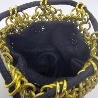 Large Undersea Optimist Dice Bag – black velvet liner and drawstring inside the yellow mesh